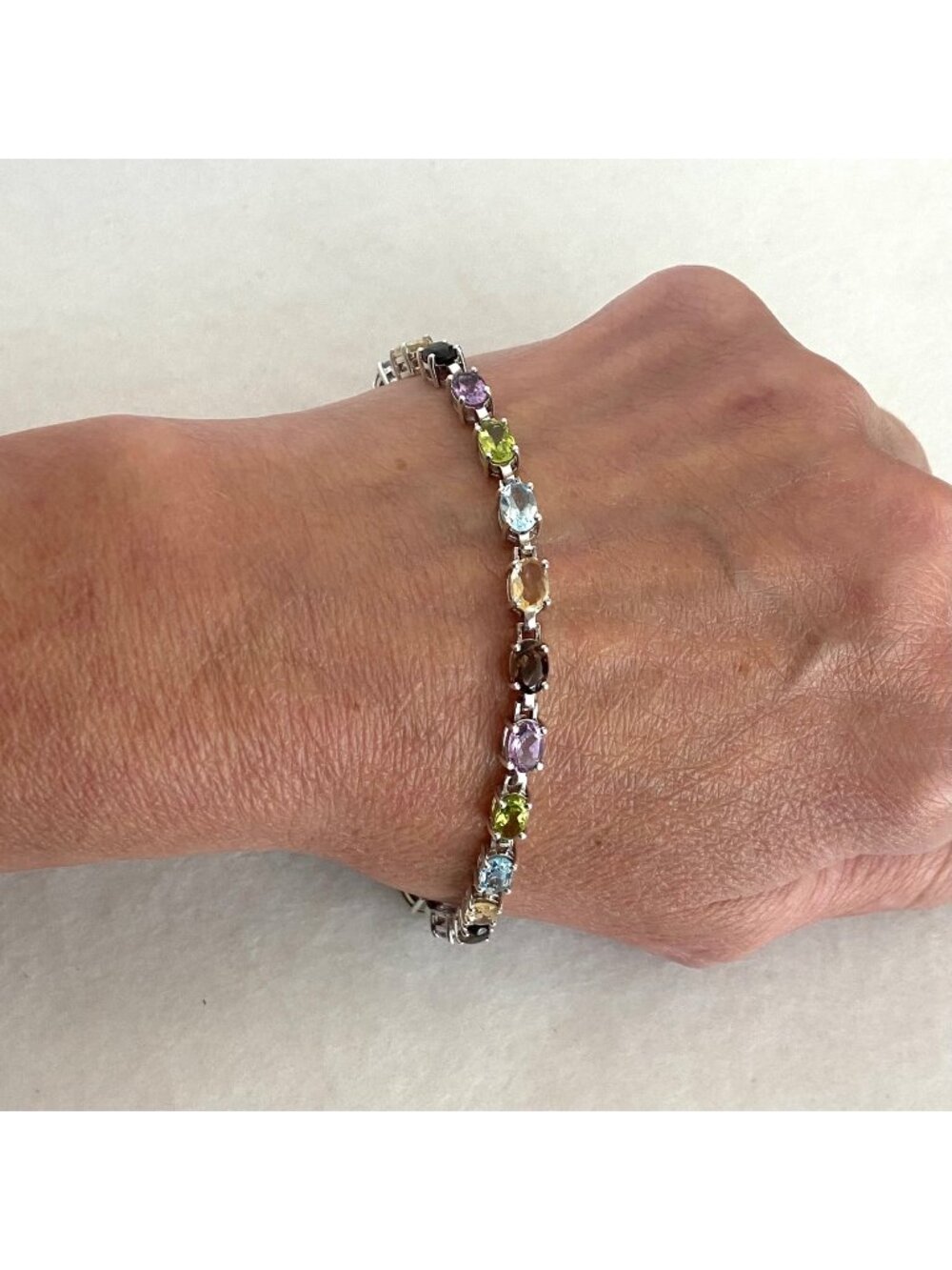 Sterling Silver 925 Oval Multi Gemstone Tennis Bracelet 8" Topaz Citrine Peridot